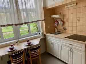 a kitchen with a sink and a table with chairs at Apartmán Nový Smokovec 75 in Nový Smokovec