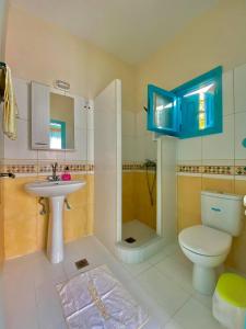 a bathroom with a toilet and a sink and a shower at Sevasti Studios in Panormos Kalymnos