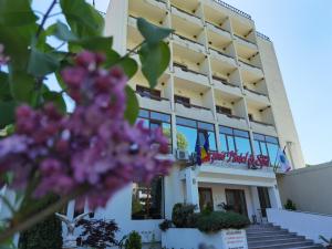 a building with flags in front of it at Hotel Spa Cazino Monteoru in Sărata-Monteoru