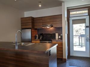 a kitchen with wooden cabinets and a stainless steel sink at Escapade Bonheur in Lac-Superieur