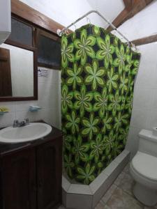 bagno con tenda doccia verde e lavandino di Hostal Inti Luna a Baños