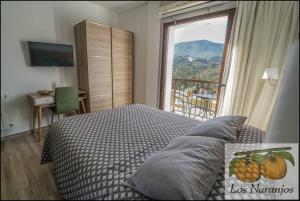 a bedroom with a bed and a window with a view at Hostal y Apartamento Rural Los Naranjos in Melegis