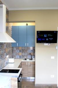 地拉那的住宿－2V1 - Myslym Shyri，厨房配有蓝色橱柜和水槽