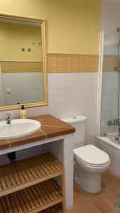 ein Badezimmer mit einem Waschbecken, einem WC und einem Spiegel in der Unterkunft Hacienda Golf Ático Islantilla in Islantilla