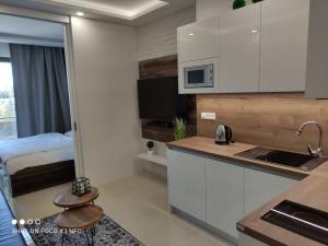 a kitchen with a sink and a bed in a room at Armeria Residence Snow in Štrbské Pleso