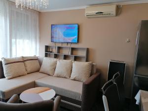 a living room with a couch and a tv at Bettina47 apartman in Hajdúszoboszló