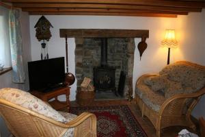Snow Whites House - Farm Park Stay with Hot Tub في سوانسي: غرفة معيشة بها موقد وأريكة وتلفزيون