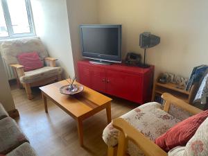 ein Wohnzimmer mit einem TV auf einem roten Schrank in der Unterkunft Joe and Aggies in Kilclooney