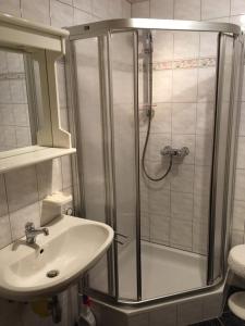 La salle de bains est pourvue d'une douche et d'un lavabo. dans l'établissement Appartement Sonnberg, à Forstau