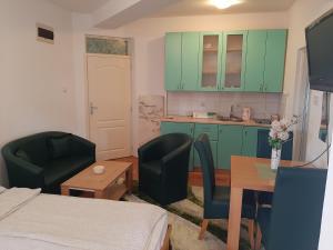 a kitchen with green cabinets and a table and chairs at Apartman Zivanovic1 in Banja Koviljača
