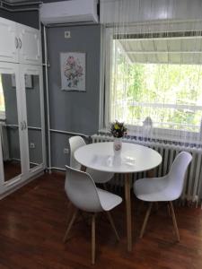 una sala da pranzo con tavolo, sedie e finestra di Apartman studio Pavle i Petra a Sremski Karlovci