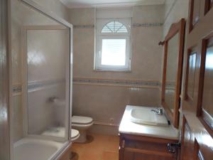 un bagno con doccia, WC e lavandino di Casa de turismo rural - Mirador de Santa Marina a Sobradillo Altre 3 foto