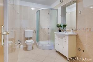 a bathroom with a shower and a toilet and a sink at Apartmani Niko in Kožino +40 photos