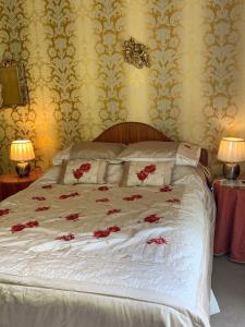 um quarto com uma cama com flores vermelhas em Harrisons Hall Bed & Breakfast em Mold