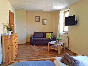 ein Wohnzimmer mit einem Sofa und einem Tisch in der Unterkunft Landhotel Edelhof in Uhlstädt