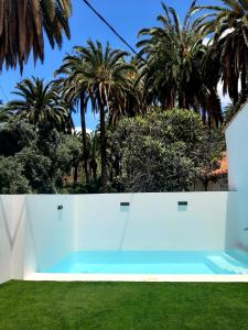 una valla blanca con palmeras en el fondo en Villa Aura en La Sorrueda