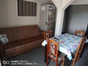 a living room with a table and a couch at Casa Hortensia in Tăşnad