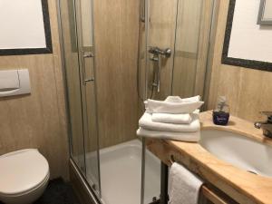 a bathroom with a shower and a toilet and a sink at Kranenbruch in Schwalmtal +64 photos