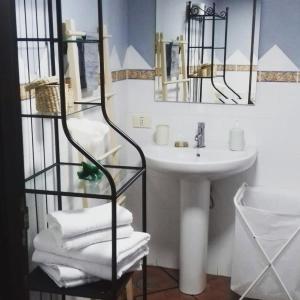 a bathroom with a sink and a shelf with towels at Finca Lomo Grande in Hermigua +61 photos