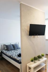 a bedroom with a bed and a tv on a wall at Apartament Szczecin Kobalt - Wyzwolenia in Szczecin