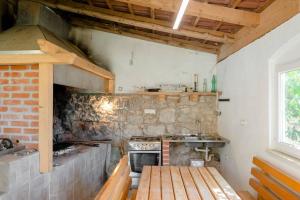 萨瓦拉Ladovina, Relaxing Enviroment with a Modern Apartment in a Old Stone House的厨房配有炉灶和石墙