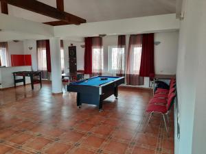 a living room with a pool table and red chairs at Pensiunea Marina in Bran