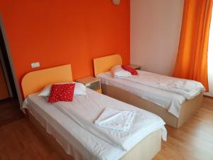 two beds in a room with a blue wall at Pensiunea Marina in Bran