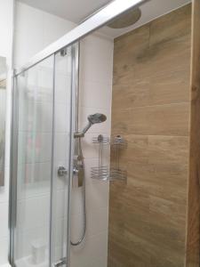 eine Dusche mit einer Glastür mit einem Duschkopf in der Unterkunft Leda apartmán, Starý Smokovec, Vysoké Tatry in Starý Smokovec
