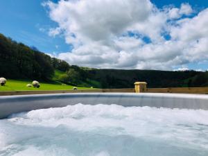 a tub filled with snow with sheep in a field at Mid Wales Luxury Huts in Darowen