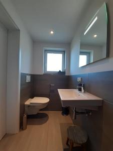 een badkamer met een wastafel, een toilet en een spiegel bij Gästehaus Maria in Rettenbach am Auerberg