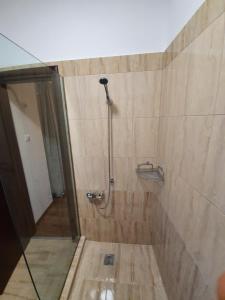 um chuveiro com uma porta de vidro na casa de banho em Athens Center Solomou rooms em Atenas