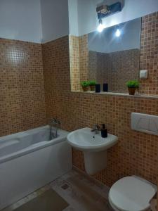 ein Badezimmer mit einem Waschbecken, einer Badewanne und einem WC in der Unterkunft Belleview North Studio in Sinaia