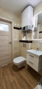 La salle de bains est pourvue de toilettes et d'un lavabo. dans l'établissement Apartament Altheide, à Polanica-Zdrój