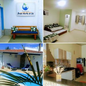 eine Collage mit Fotos eines Zimmers mit einer Küche und einem Wohnzimmer in der Unterkunft Suítes Praia Martin de Sa in Caraguatatuba