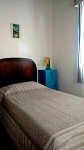 um quarto com uma cama e uma cómoda azul em Hostel Armazém do Heyokah em Urubici