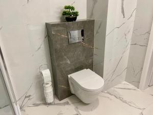 a white bathroom with a toilet and a plant at Fischer Apartments in Międzyzdroje