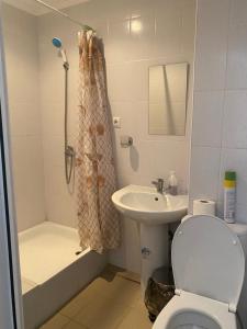 a bathroom with a toilet and a sink and a shower at Guest House Milana in Novomikhaylovskiy