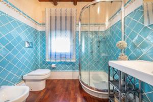 a blue tiled bathroom with a toilet and a shower at Villa Licia San Pietro in Castiadas +23 photos