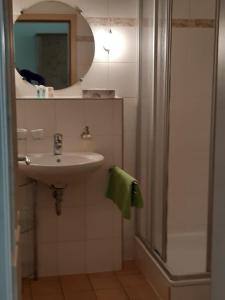 a bathroom with a sink and a shower with a mirror at Kurparkstübl Bad Schandau in Bad Schandau