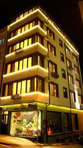 a tall building with lights on it at night at Pera Pansiyon in Bursa