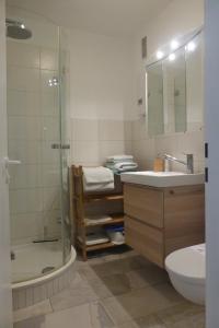 ein Bad mit einer Dusche, einem Waschbecken und einem WC in der Unterkunft Ostsee-Apartment "Weite Welt" in Kiel
