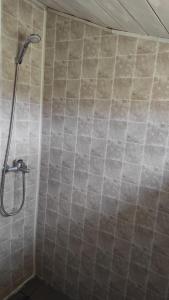 y baño con ducha y pared de azulejos. en Namelis prie ežero en Miežoniai