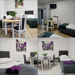 4 Bilder eines Zimmers mit einem Tisch und einem Bett in der Unterkunft Hostel Adabet in Kempen