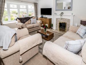 a living room with two couches and a fireplace at Bryn Hafod in Conwy