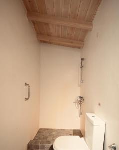 a bathroom with a toilet and a wooden ceiling at Sanidiamonds in Sani Beach