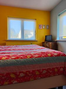 een slaapkamer met een bed, een raam en een televisie bij Hotel Domburg4you in Domburg