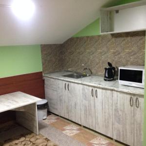 a kitchen with a sink and a microwave at Hostel Portal in Tbilisi City