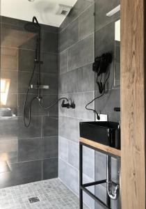 a bathroom with a shower with a sink and a shower at Daukanto apartamentai in Anykščiai