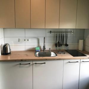 eine Küche mit einem Waschbecken und weißen Schränken in der Unterkunft Daukanto apartamentai in Anykščiai