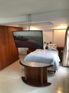 um quarto com uma cama e uma televisão de ecrã plano em FLAT hotel de fama internacional em Goiânia